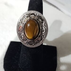 Silver and Tigers Eye Oval Stone Ring